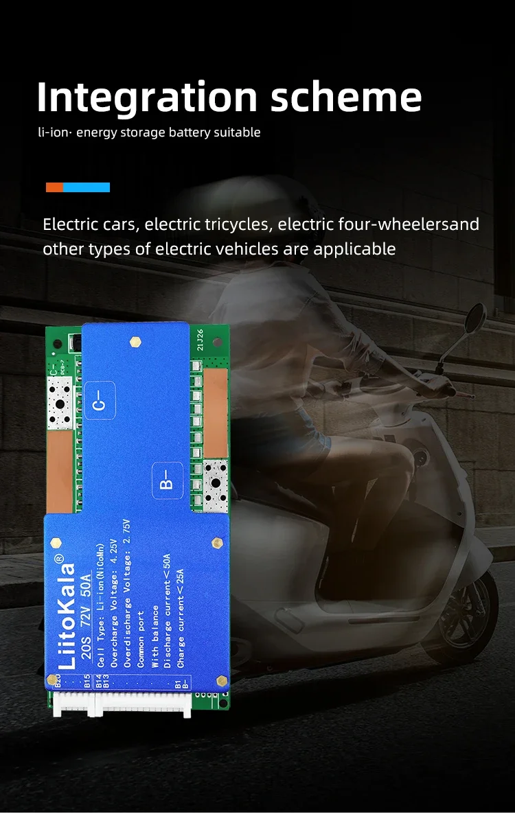 LiitoKala 20S 72V50A BMS لوح حماية شحن الليثيوم ، مع توازن وحماية من السقوط NTC 72V لبطارية الليثيوم للدراجة الإلكترونية