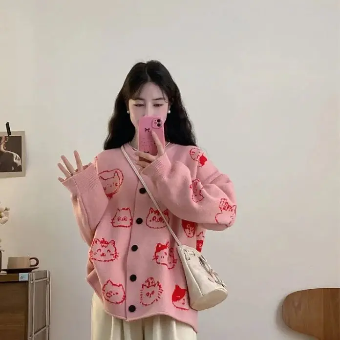 Oversize long-sleeved sweater for women 2024 new autumn loose belly-covering cardigan top cartoon cat sweet sweater coat