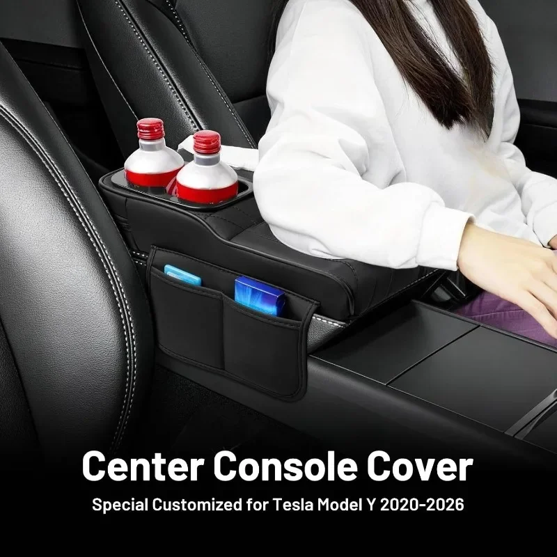 Multi functional center console cover, car armrest pad, leather protective cover pad with tissue holder, cup slot, side pocket