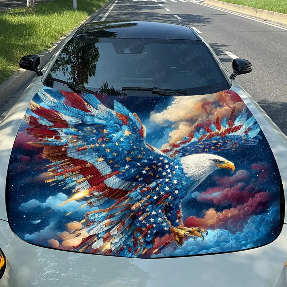 Star Spangled Banner Element Eagle Car Hood Wrap Colorful Vinyl Waterproof Sticker For Trucks, Decorative Bonnet Graphics High Q