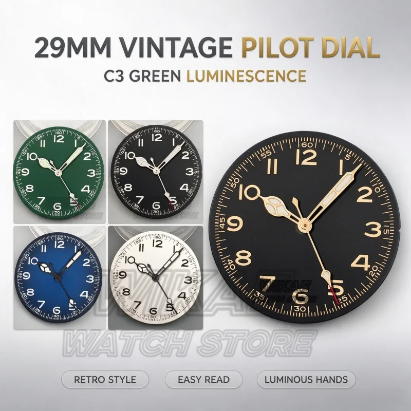 Black Blue Nologo Vintage 29mm Watch Dial for Pilot Diver Watch Hand Set NH35 NH36 NH37 ETA 2824 PT5000 Movement Mod Watch Parts