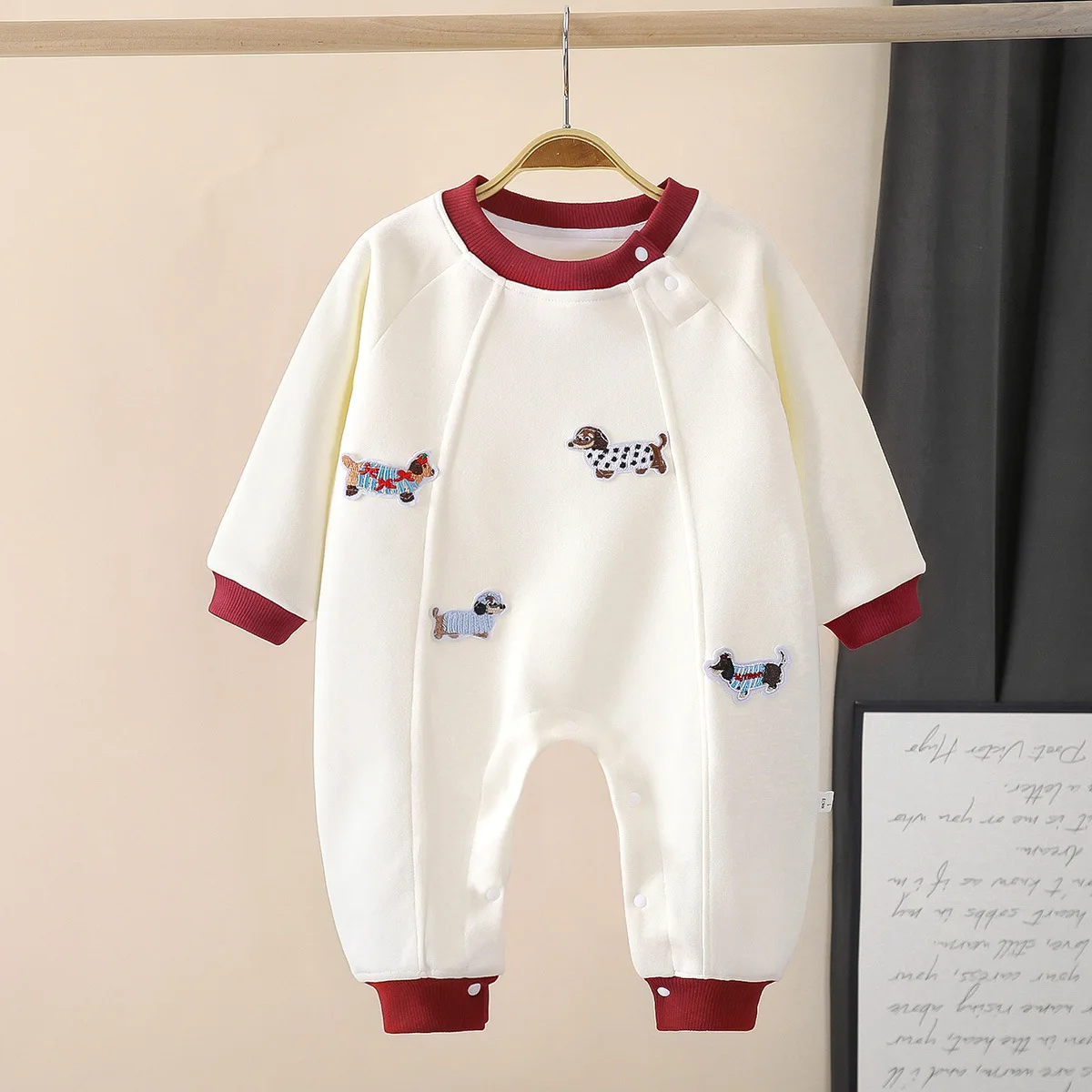 Autumn Casual Baby Bodysuit Cut Dachshund Long Sleeve Jumpsuit for Boys Girls Contrast Color Infant One Piece Clothes