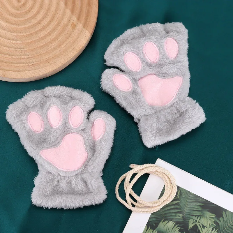 

cat paw gloves Plush Mittens Warm Soft Plush Short Fingerless Fluffy Bear Gloves Costume Half Finger Gloves