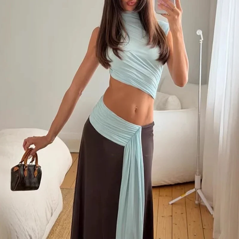 

Women's Clothing Summer New Fashion Temperament Sleeveless Crop Top Low Waist Skirt Contrasting Color Two-piece Suit Women