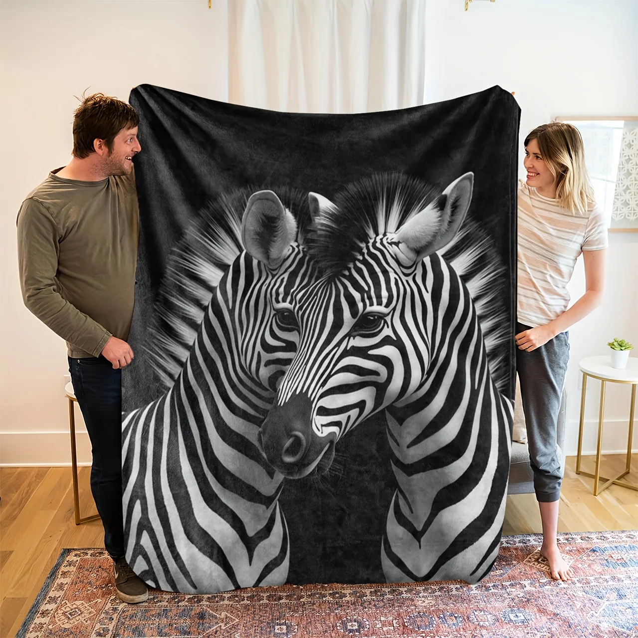 A Cozy Zebra-Themed Fleece Blanket with Soft High-Definition Digital Printing in Black And White Art Design. It'S a Cooling Blan