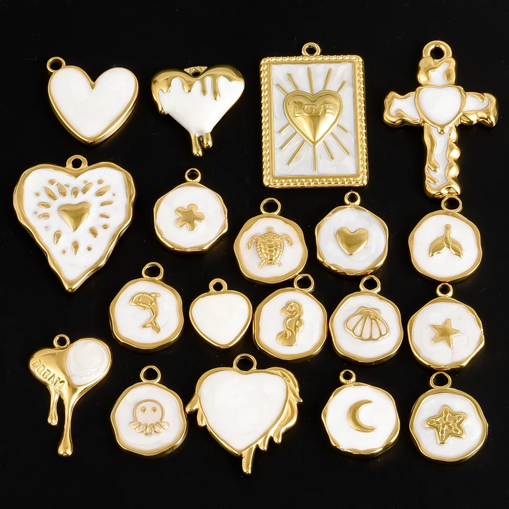 PVD Real Gold Plated  White Oil Drop Charm 3pcs Sun Heart Cross Sea Animal Stainless Steel Pendants For Jewelry Making Supplies