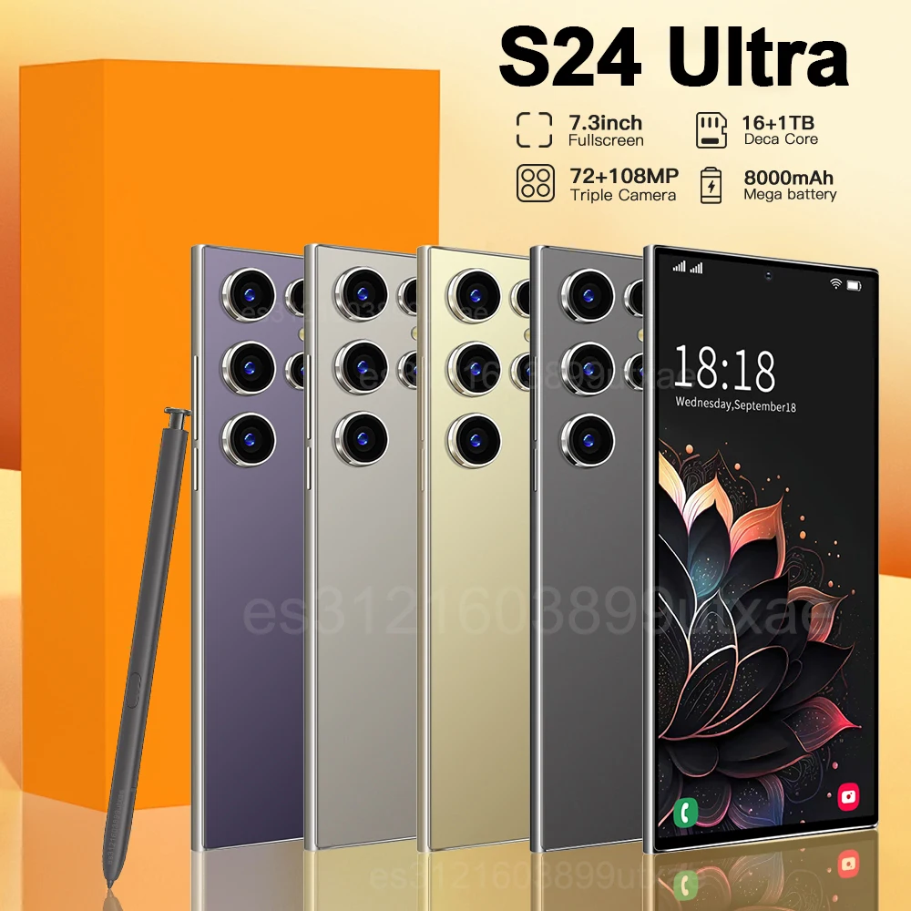 

NEW S24 Ultra Smartphone 7.3inch HD 5G Snapdragon 8Gen3 16GB+1TB Android 14 8000mAh 70+108MP Mobile phone Face Recognition