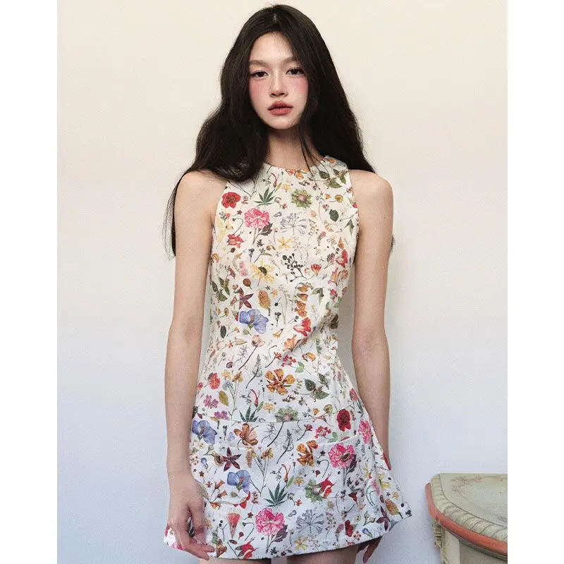 

Dress for Women Summer High-end Designed Niche Chic Temperature Color Printed Round Neck Sleeveless Waist Slim A-line Vest Dress