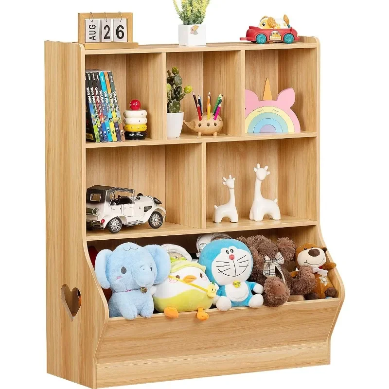 Kids Storage Organizer, 3 Tier Children Bookcase and Bookshelf, Toddler 6 Cubby Cabinet, Wood Book Shelf for Playroom