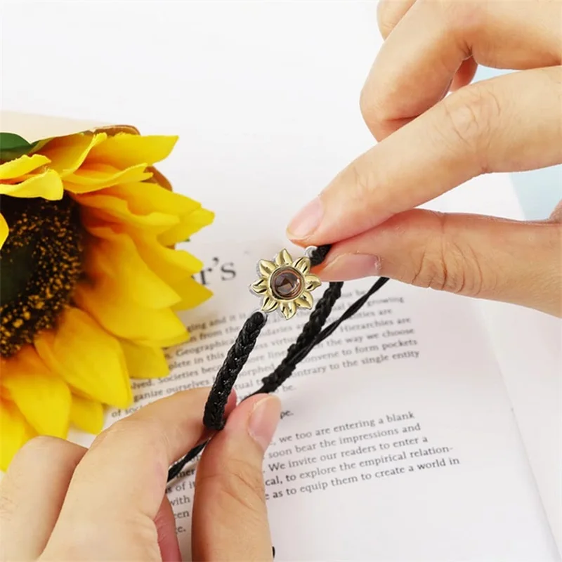 Gepersonaliseerde Zonnebloem Armbanden Met Foto Aangepaste Foto Armband Projectie Foto Armbanden Gevlochten Touw Foto Armband