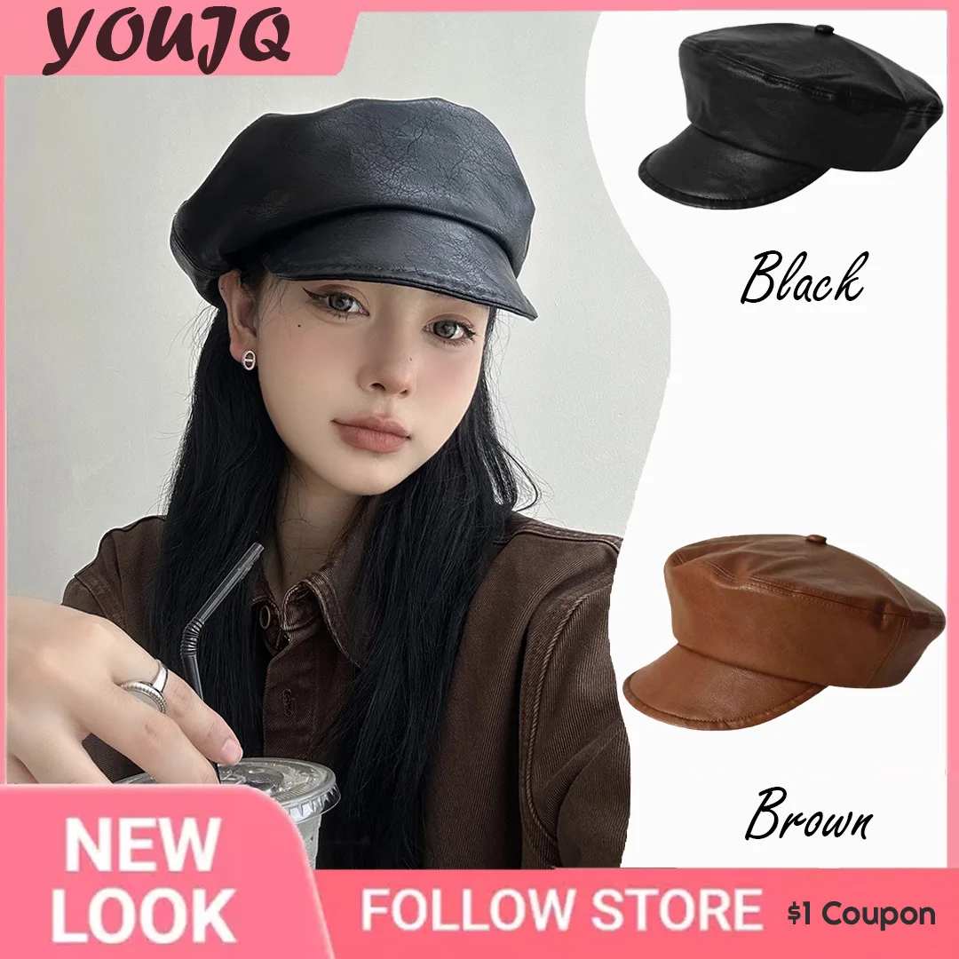 

French Vintage Big Soft PU Octagonal Hats for Women Men Female Leather Duck Tongue Caps Beret Women Hat Boinas Para Hombre