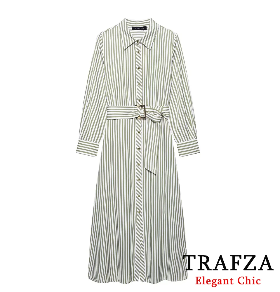 

TRAFZA Elegant Green Striped Long Dress Women's Belt O-Neck Dress 2025 New Fashion Spring Casual Commuter Simple Dress
