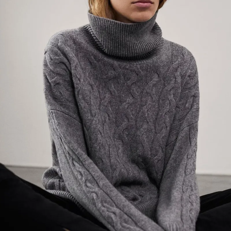 Maxdutti Minimalist grey pullover sweater with twisted flower and Turtleneck knitted sweater from Southern France woman clothes