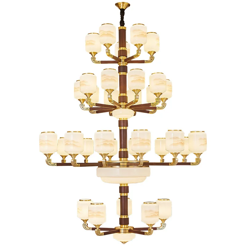 

All-copper new Chinese chandelier, living room solid wood, simple atmosphere, villa duplex building hall lamps