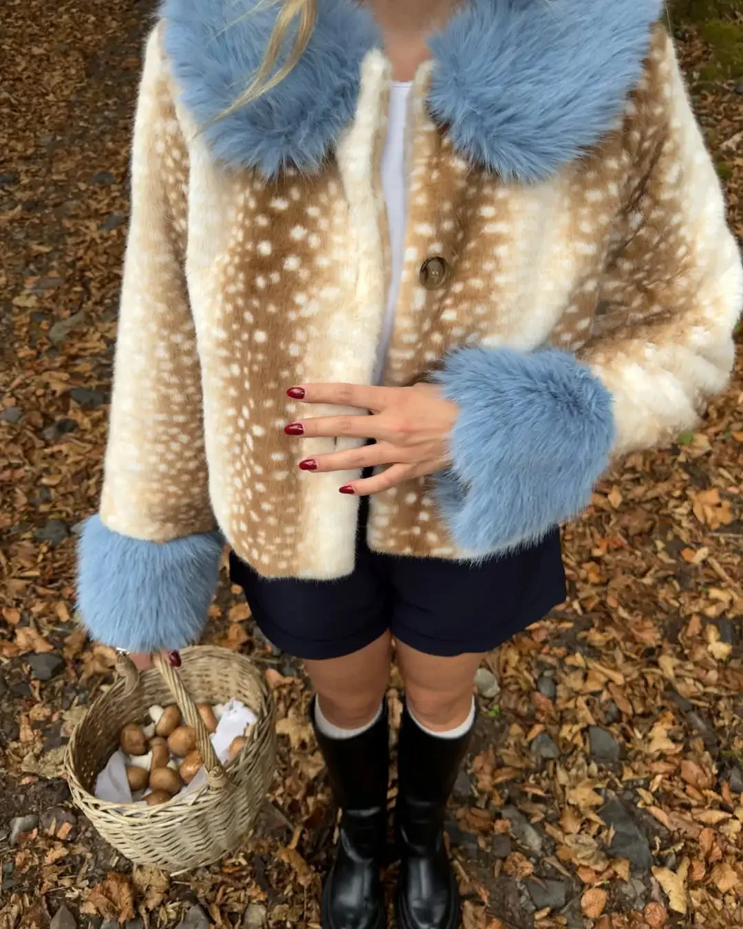 Ladies Fawn Print Faux Fur Cropped Jacket Navy Contrast Lapel Cuff Button Up Fluffy Warm Winter Casual Street Coat