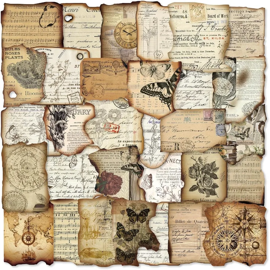 빈티지 저널링 스티커 플래너용 스크랩북 재료 100개 앤티크 지도 프린트 디스트레스드 엣지 포함
