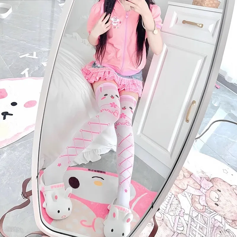 Kawaii bonito coelho branco sobre o joelho meias dos desenhos animados gato pata impressão senhora sexy longo tubo coxa meias menina lolita cosplay