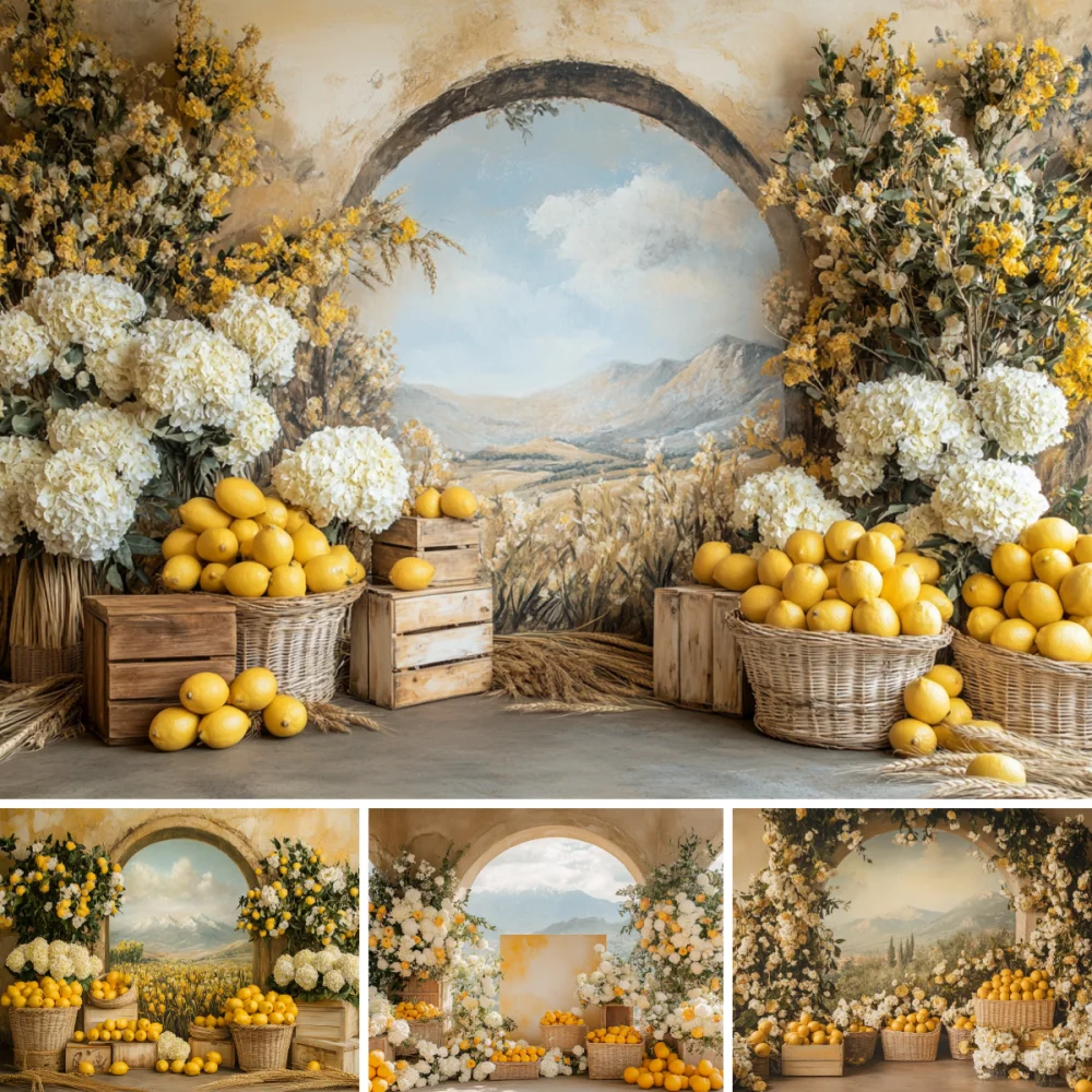 Mediterranean Lemon Tree Backdrop Amalfi mountain peak Citrus Trees Studio Background Summer Italian Themed Photos Banner