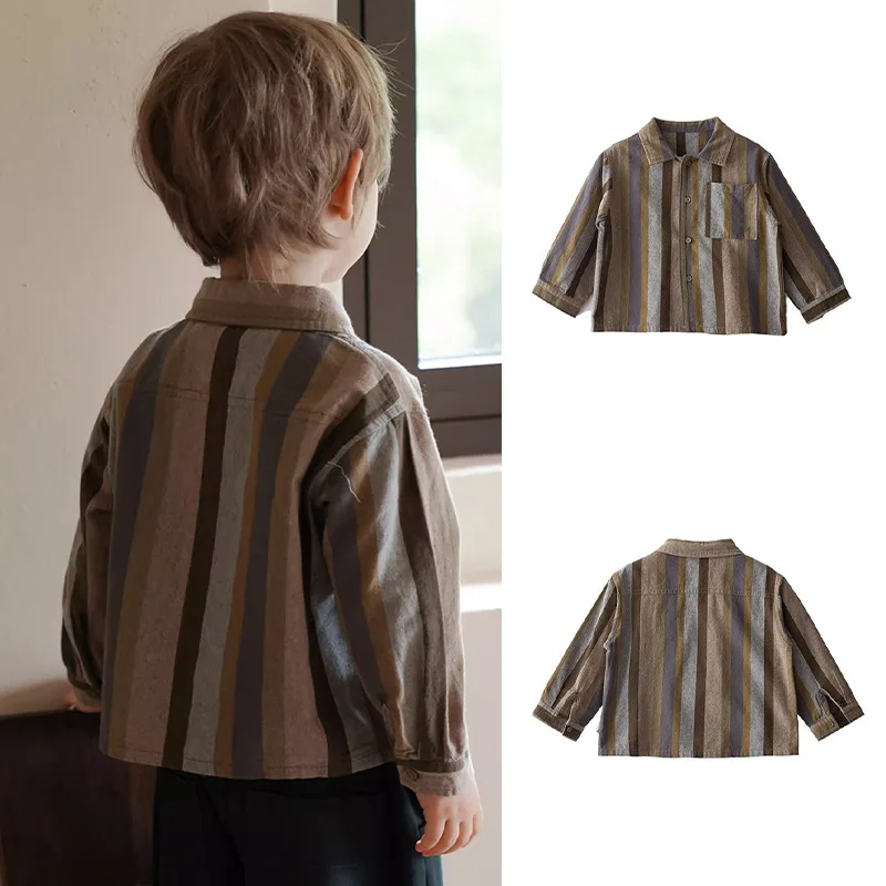 

Jenny&Dave Boys' contrasting striped lapel shirt, brushed and comfortable 2023 Korean autumn new button up shirt for small and m