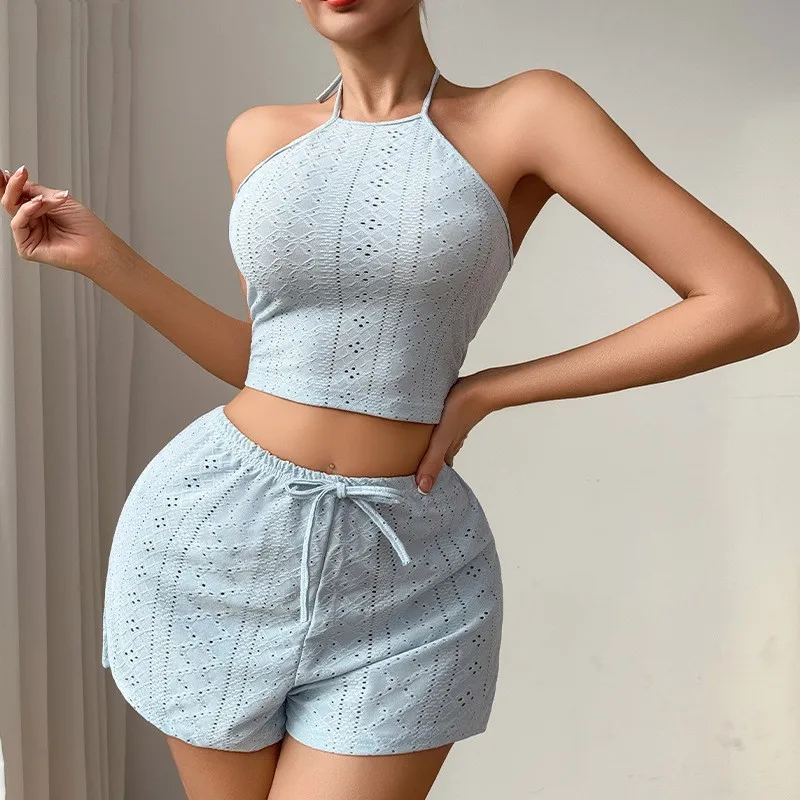 

Women's Pajamas Hollow Out Jacquard Comfortable Slim Sexy Lace Up Vest Shorts Solid Colour Suit Can be worn outside the Homewear
