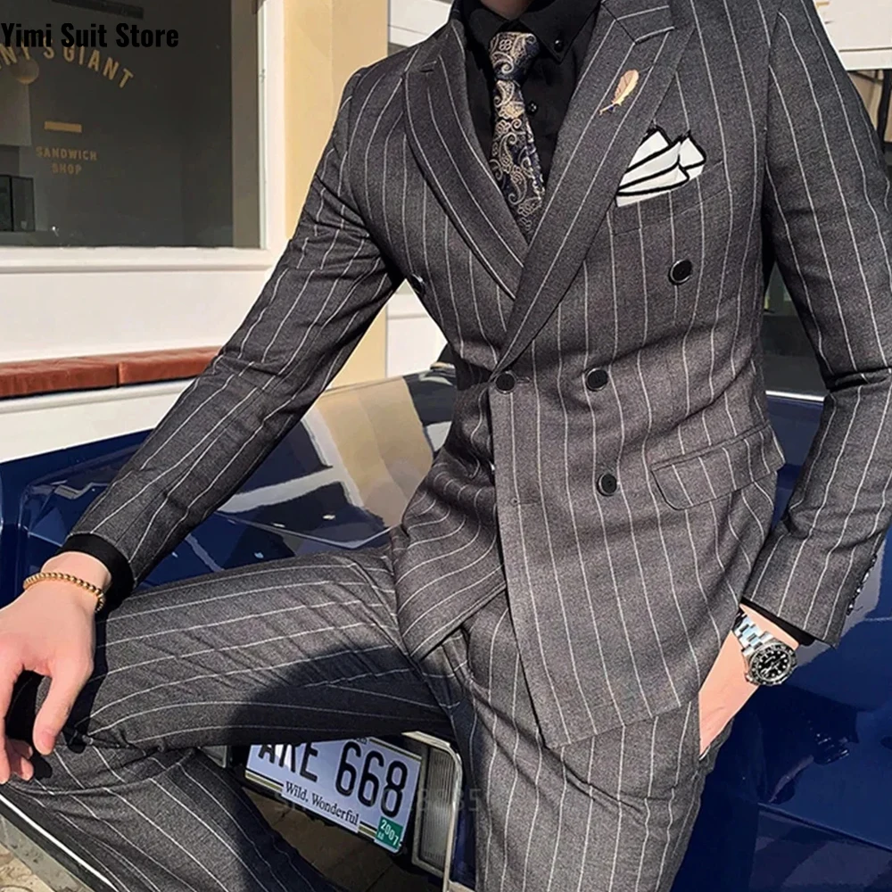 

YiMinpwp Grey Men Suit 2 Pieces Shawl Lapel Satin Tailored Suit For Wedding Groom Striped Business Male Clothing Slim Fit XS-5XL