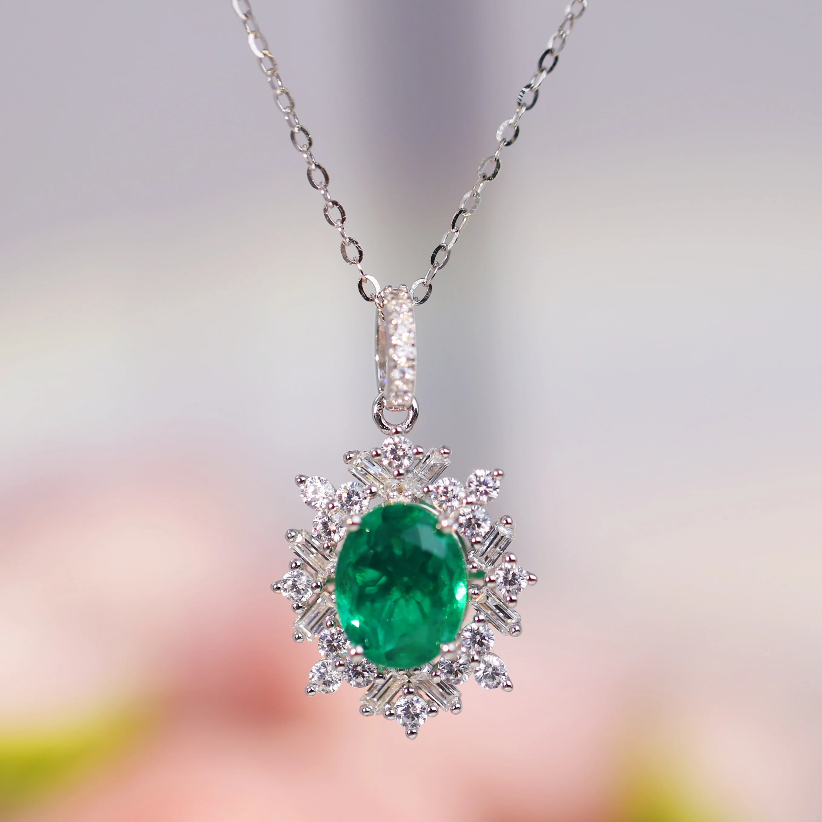 

Oval Lab-Grown Emerald Pendant with Square & Round Zirconia Halo – Luxury Rhodium Plated Silver necklace Gift for Wedding/Birth