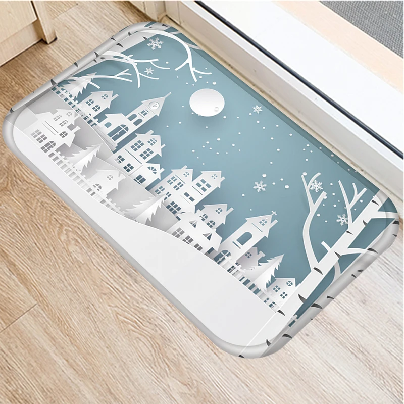 Christmas Snow Deer Pattern Printed Door Mat Anti-Slip Floor Carpet Bathroom Kitchen Entrance   Home Decor