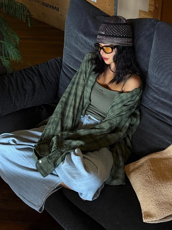 

Retro Korean Plaid irt Women's Ele Single Button Autumn Top Faionable Long Sve Casual Outerwear Cardigan