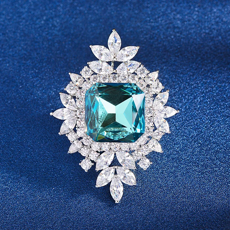 Chinese Style Lucky Auspicious Fortune Aqua Blue Square Crystal Brooch Silvery Sparkly Rhinestone Pin For Women Blazer Coat Gift