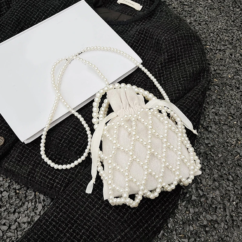 Luxury Pearl Women Bucket Tote Bag Woven Pearl Crossbody Bags for Women Small Wallet Handbag Casual Drawstring Female Coin Purse