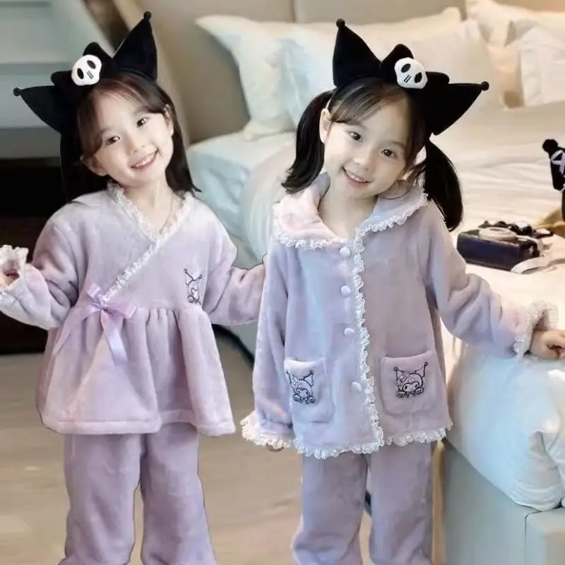 

Sanrios Kuromi детские пижамы из 2 предметов, модные утолщенные осенне-зимние кружевные теплые фиолетовые принцессы для девочек, мягкая домашняя одежда