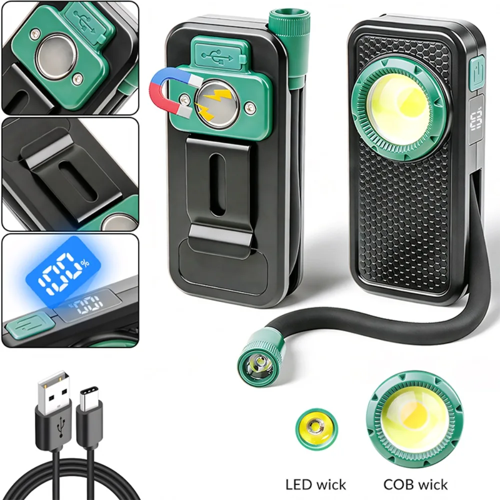 Nueva Lámpara de Trabajo Magnética con Clip para Bolígrafo, Manguera Flexible, Recargable por USB, Pantalla Digital de Energía, Linterna para Inspección en Exteriores