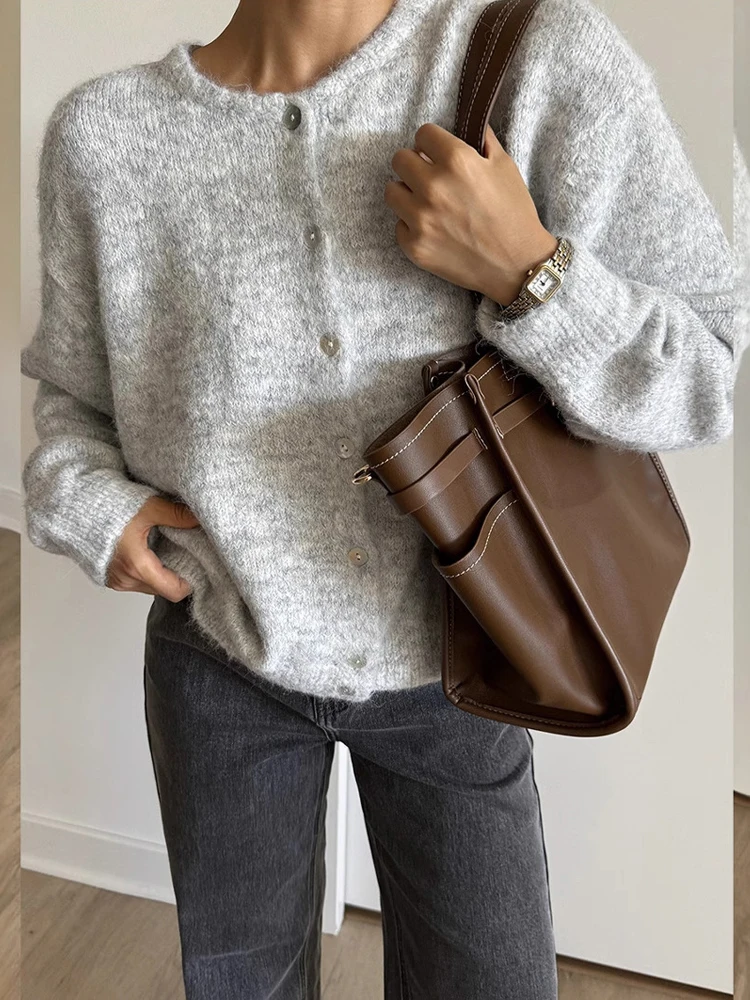 

BKQU Women Cardigans Sweater Autumn Winter O-Neck Long Sleeve Warm Soft Cashmere Outwear Casual Loose Female Solid Knitwear Tops