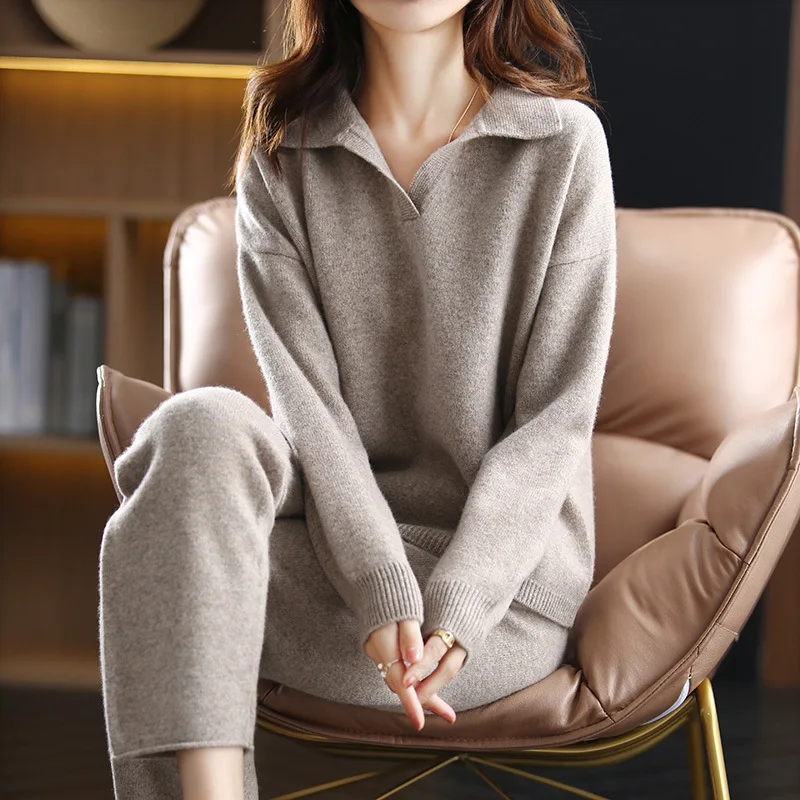 Ladies Thickened Solid Color Loose Knit Two-piece, Lapel Pullover Sweater+wide-leg Pants Casual Knit Set for Women Autumn/winter