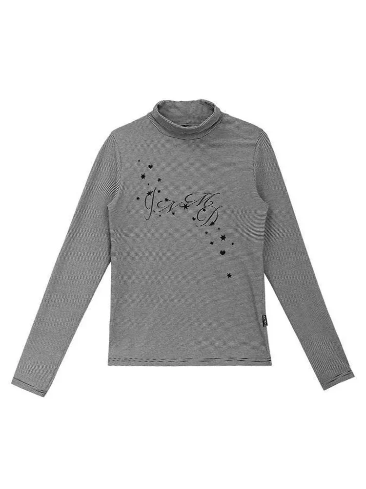 Striped Star Print Half High Collar Tshirts Women Retro Casual Long Sleeve Base Tops Korean Y2k Aesthetic Grunge Tees