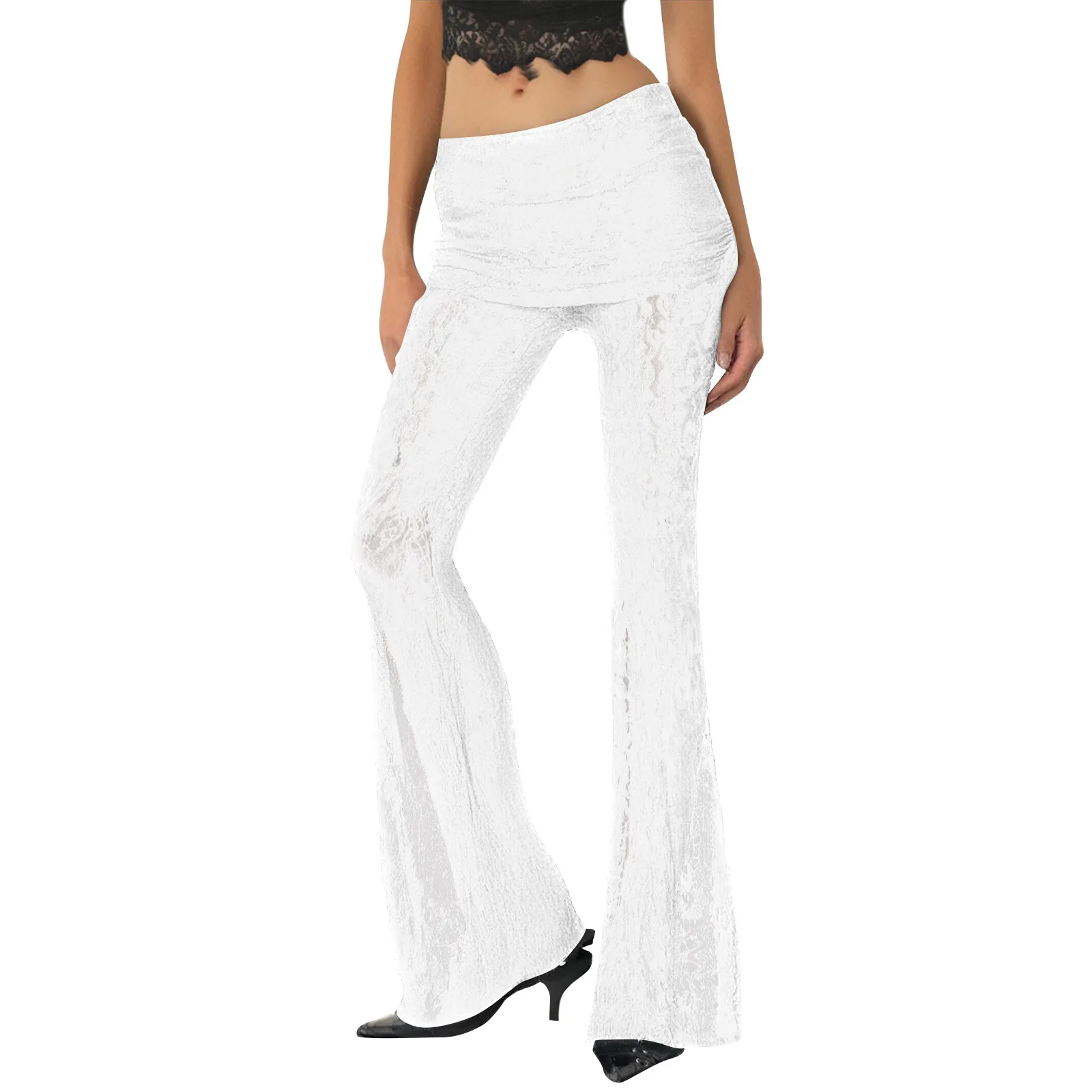 2025 Pantaloni svasati in rete velata di pizzo di nuova moda Pantaloni lunghi elastici a vita alta Pantaloni da strada slim stile semplice da donna di Halloween