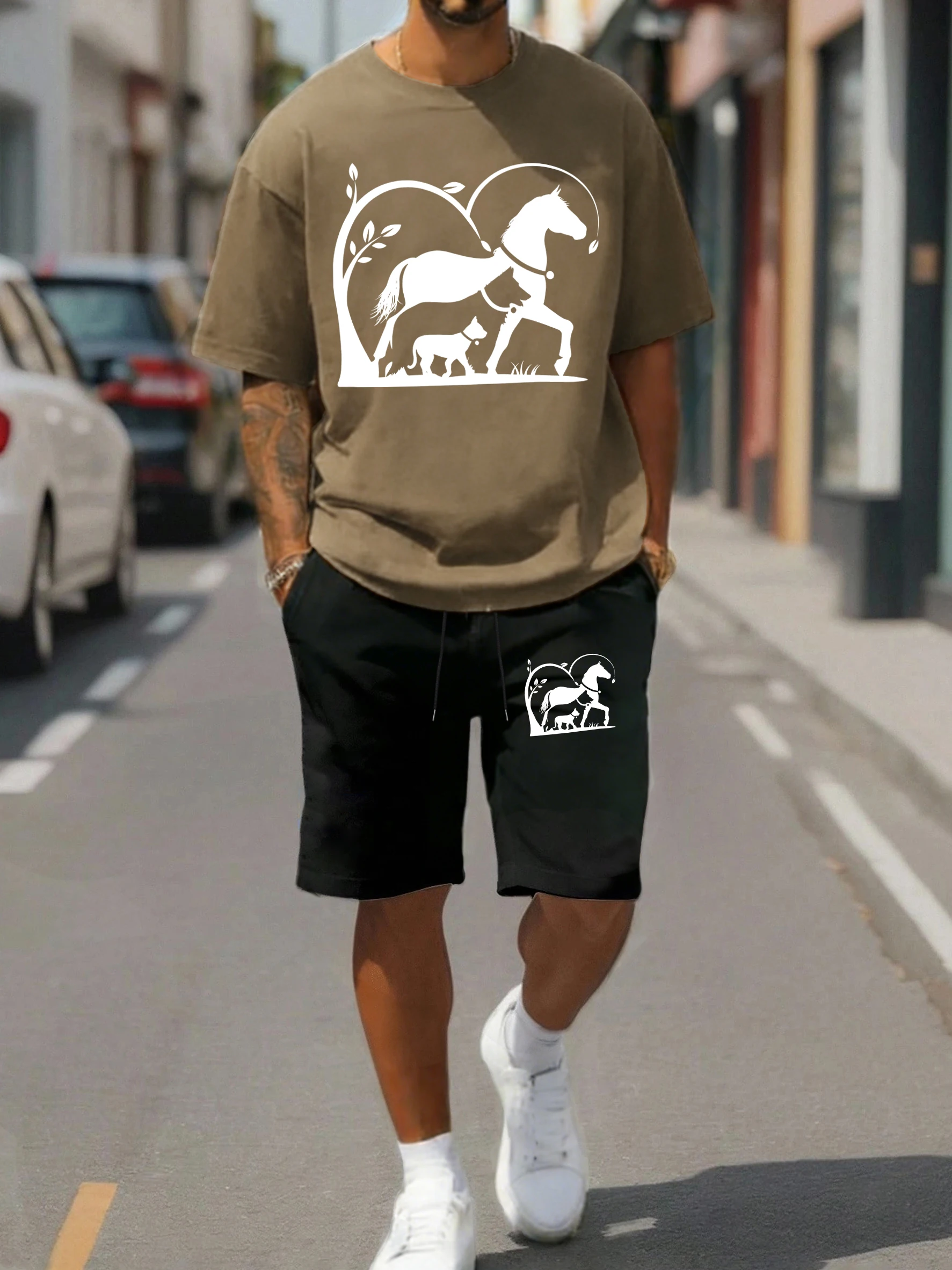 

Horses Grow Up With Puppies Print Men T-Shirt Suit Summer Cotton Tee All-Match Drawstring Shorts Unisex Loose Fashion Streetwear