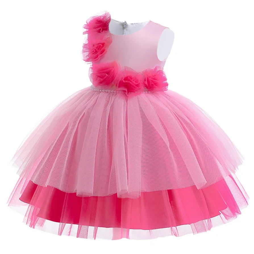 Rose Flower Girls Party Dresses For Girl Children Costume Elegant Kids Princess Birthday Wedding Dress Tulle Girl Summer Clothes