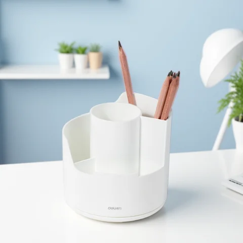 Deli Desk Pencil Pen Holder, 4 Slots 360-Degree Spinning Organizers, Desktop Storage Stationery Supplies for Office&School