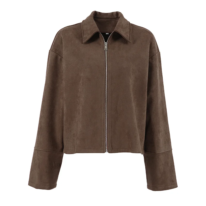 المرأة الخريف الشتاء البني سترة من جلد الغزال سستة الوقوف طوق معطف فضفاض أناقة عادية التنقل مكتب السيدات تاريخ الملابس