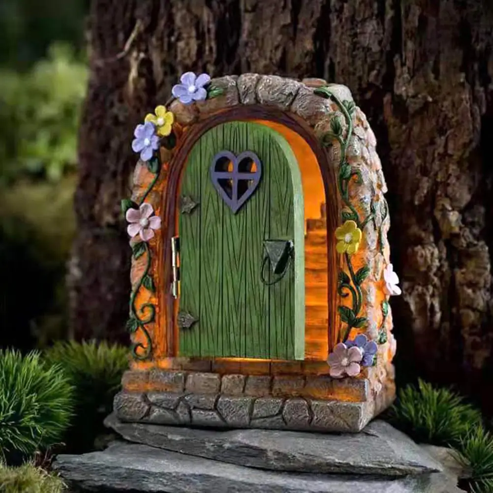 

Miniature Fairy Garden Solar Stone Door Weatherproof Resin Statue Miniature Fairy Gate for Gardens, Trees Flower Beds