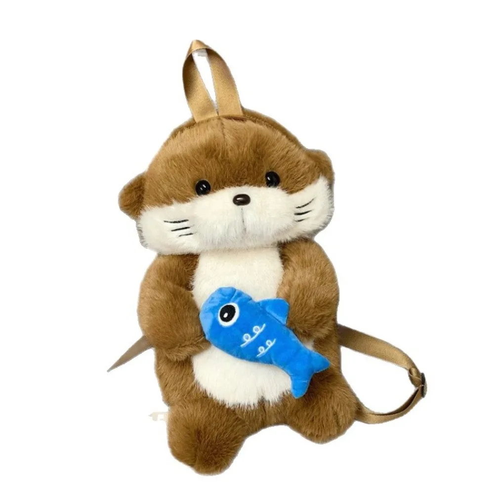 Adorable Otter Backpack Holding Fish Realistic Look Simulation Animal Shoulder Bag Fluffy Soft Student School Bag Birthday Gift