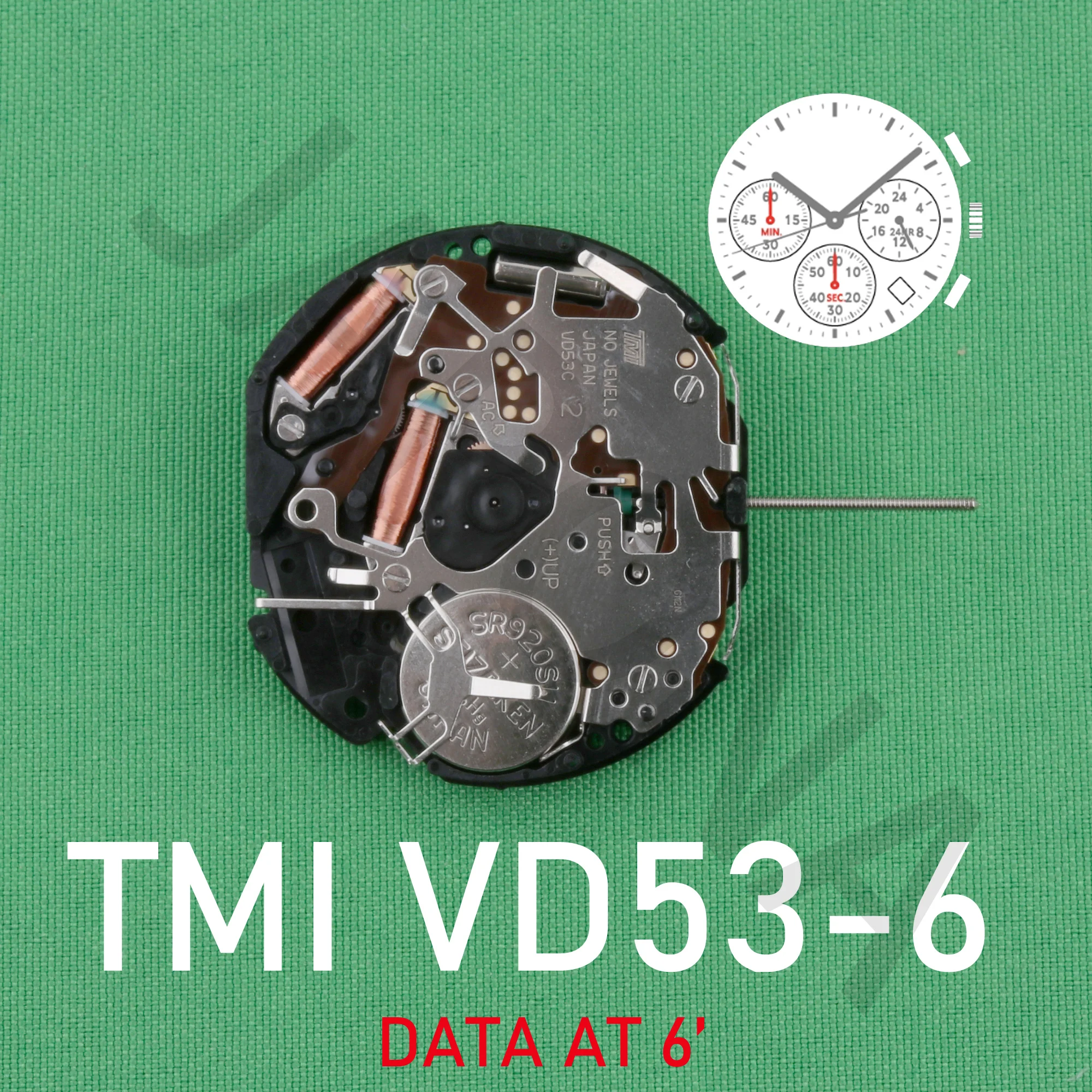 Механизм vd53, модель TMI VD53C-6(3.6.9), японский кварцевый механизм, одна дата календаря на 6, шесть пин3/6/9 бит, маленький секундный механизм vd53c