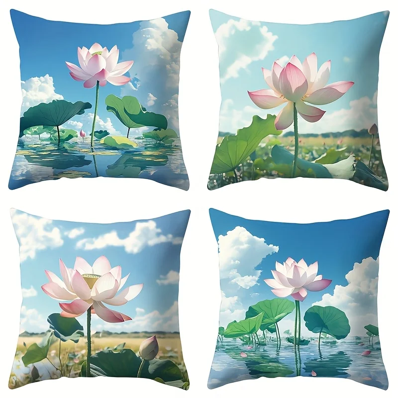 4pcs Elegant lotus pattern Single-sided printing Short plush Suitable for living rooms bedrooms sofas (excluding pillow cores)