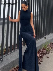 Dulzura Half Turtleneck Sparkly Crystal Sleeveless Ruched Bodycon Maxi Dress Women Clothes Party Club Sexy Elegant Evening