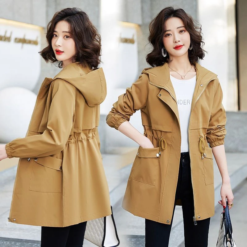 

Mid-length Women's Windbreaker Spring Trench Coats Korean Slim Casual Jackets Hooded Collar Female Outwear Tops JJ405