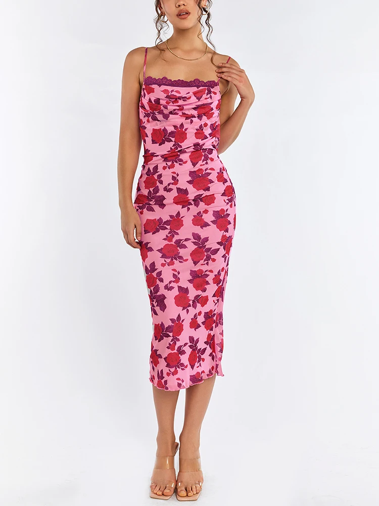 Newasia Bloemenprint Mouwloze Backless Midi Jurk Uitgesneden Kant Gesplitst Mesh Bodycon Mode Feest Casual Jurken