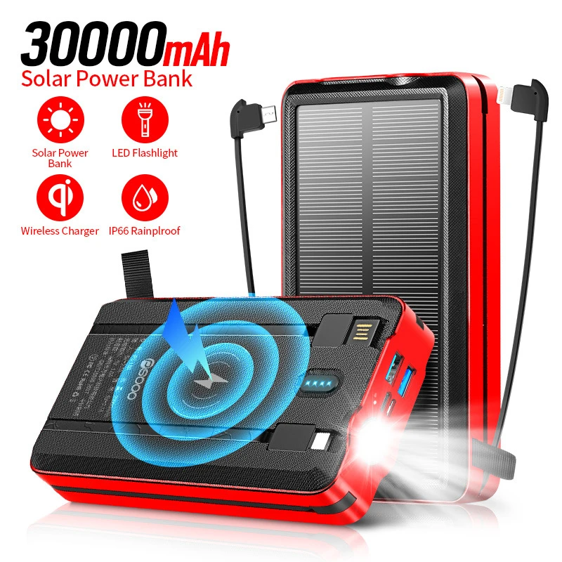 30000mAh Solar Power Bank Dual USB Port Wireless Charger for iPhone 15 Xiaomi Samsung Portable Induction Powerbank Spare Battery