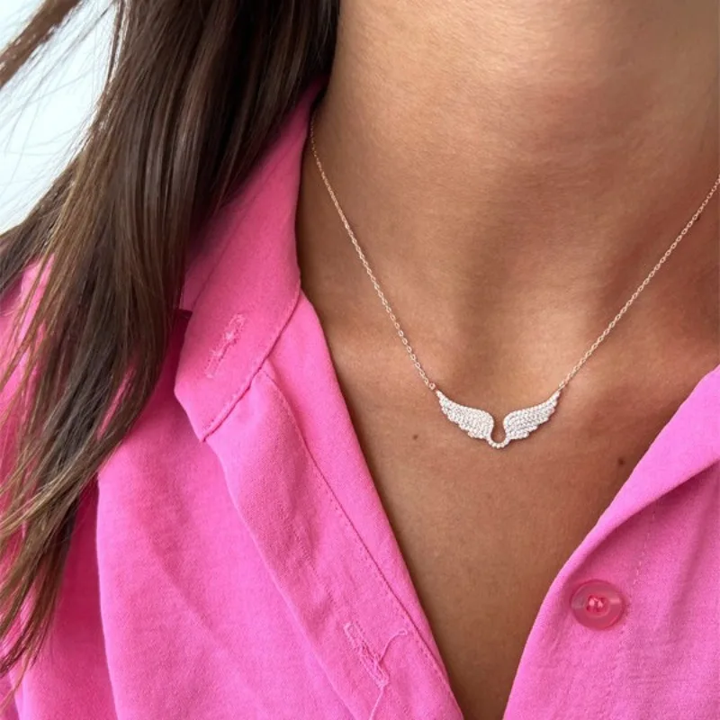 Glänzende Strass-Engelsflügel-Anhänger-Halskette in Silber- und Goldfarben, Süßer Choker, Y2K Ästhetischer Schmuck, Geschenk für Frauen und Damen