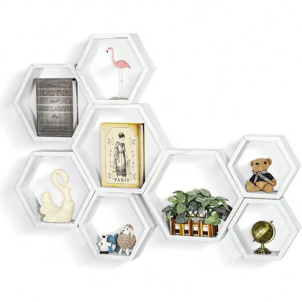 Set of 8 Wood Floating Shelves Hexagon Wall Rack Gray Bookcase for Bedroom Decor